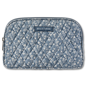 Cosmetic Pouch front view featuring quilted floral fabric in ivory & dusty blue.