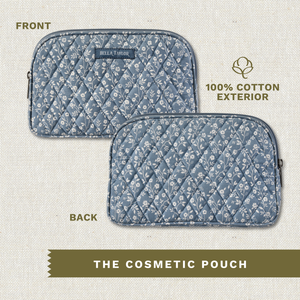 Front and back exterior views of cosmetic pouch.