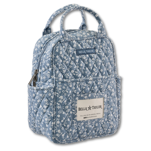 Lunch Tote front view featuring quilted floral fabric in ivory & dusty blue, with built-in ID window, and 4 total pockets.
