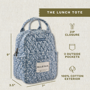 Callout image showing dimensions 9" x 7" x 3.5", 3 exterior pockets, zip closure, and lightweight 100% cotton construction.