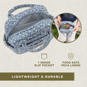 Open top-down view revealing interior with PEVA food safe lining. Callouts highlighting 1 inside pocket and lightweight design.
