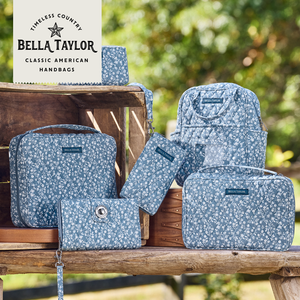 Heritage Blue Floral collection lifestyle image featuring coordinating handbags and accessories.