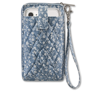 Cell Phone Wristlet featuring quilted floral fabric in ivory & dusty blue with outside cell phone pocket.