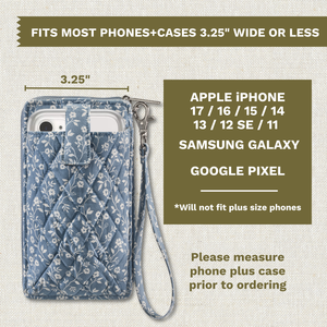 Callout image showing cell phone pocket will fit Apple iPhone 17/16/15/14/13/12 SE/11, Samsung Galaxy, & Google Pixel. Fits phone + case 3.25" or less.