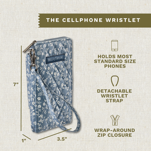 Callout image showing dimensions 7" x 3.5" x 1", detachable wristlet, holds most standard sized phones, and zip closure.