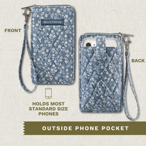 Front and back exterior views of the Cell Phone Wristlet showing outside cell phone pocket and detachable wristlet strap.