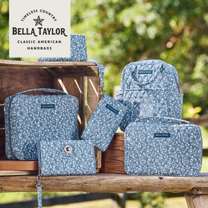 Heritage Blue Floral collection lifestyle image featuring coordinating handbags and accessories.