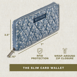 Callout image showing dimensions 7" x 3.5" x 0.75", RFID protection and secure wrap-around zipper.