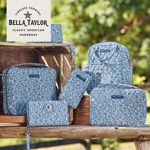 Heritage Blue Floral collection lifestyle image featuring coordinating handbags and accessories.