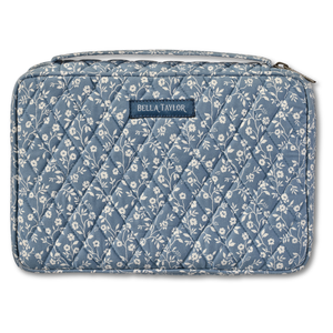 Small Bible Cover front view featuring quilted floral fabric in ivory and dusty blue.