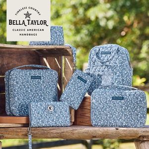 Heritage Blue Floral collection lifestyle image featuring coordinating handbags and accessories.