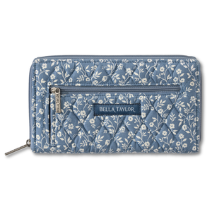 Wrist Strap Wallet front view featuring quilted floral fabric in ivory & dusty blue.