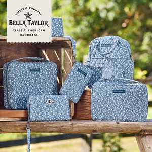 Heritage Blue Floral collection lifestyle image featuring coordinating handbags and accessories.