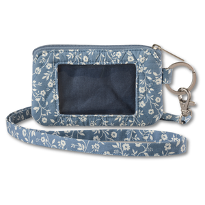 ID Lanyard front view featuring quilted floral fabric in ivory & dusty blue.