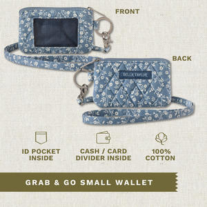 Front and back exterior views with callouts identifying ID pocket, interior cash & card divider. Made with lightweight 100% cotton.