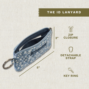 Callout image showing dimensions 3" x 5", detachable strap, zip closure & key ring.
