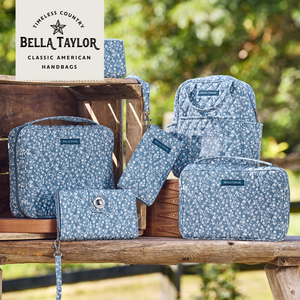 Heritage Blue Floral collection lifestyle image featuring coordinating handbags and accessories.