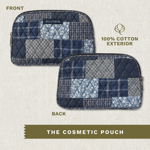 Front and back exterior views of cosmetic pouch.