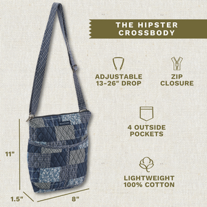 Callout image showing dimensions 8" x 11" x 1.5", adjustable strap, 4 exterior pockets, lightweight 100% cotton construction.