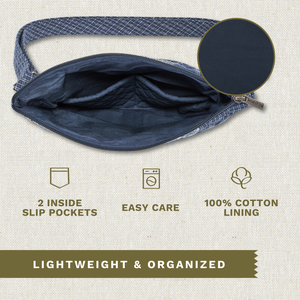 Open top-down view revealing interior with 2 inside pockets. Callouts highlighting top zip closure and machine washable design.