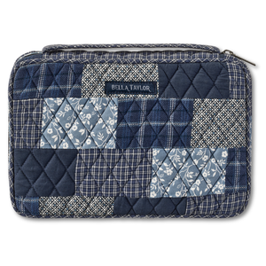 Small Bible Cover front view featuring quilted patchwork fabric in warm cream, indigo, and navy.