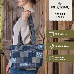 Side-view of woman carrying Small Tote, highlighting quilted patchwork fabric, structured silhouette, and lightweight 100% cotton construction.