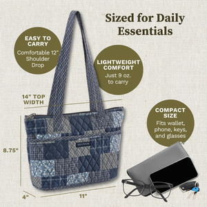 Callout image showing dimensions 11" x 8.75" x 4", 12-inch strap drop, 6 exterior pockets, lightweight 100% cotton construction.