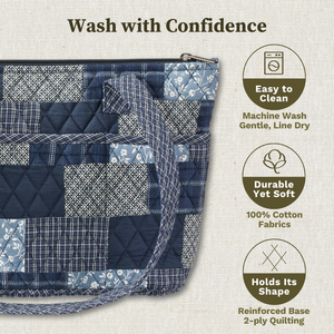 Callout image showing small tote is easy to machine wash on gentle. Line dry. 