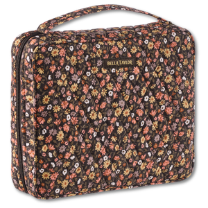 Bible Cover front view featuring quilted floral fabric in espresso brown, golden tan, soft ivory, and dusty mauve.