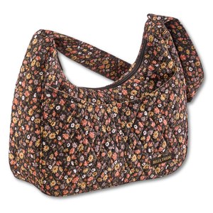 Blakely Shoulder Bag front view featuring quilted floral fabric in espresso brown, golden tan, soft ivory, and dusty mauve, with top zip closure, and 5 total pockets.