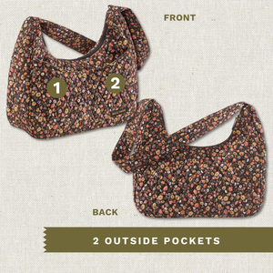 Front and back exterior views with numbered callouts identifying all 2 outside pockets.