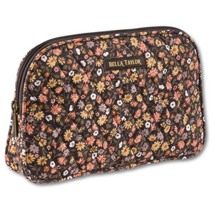 Cosmetic Pouch front view featuring quilted floral fabric in espresso brown, golden tan, soft ivory, and dusty mauve.