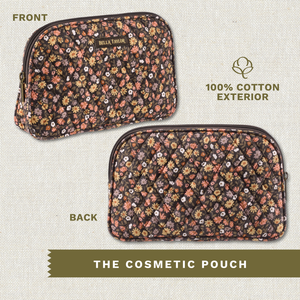 Front and back exterior views of cosmetic pouch.
