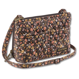 Essentials Wallet Crossbody front view featuring quilted floral fabric in espresso brown, golden tan, soft ivory, and dusty mauve with 3 total pockets.