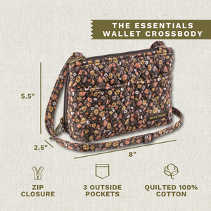 Callout image showing dimensions 8" x 5.5" x 2.5", adjustable strap, 3 exterior pockets, lightweight 100% cotton construction.