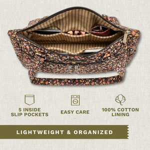 Open top-down view revealing interior with 5 inside pockets. Callouts highlighting top zip closure and machine washable design.