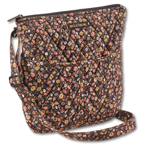 Hipster front view featuring quilted floral fabric in espresso brown, golden tan, soft ivory, and dusty mauve, with top zip closure, and 6 total pockets.