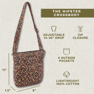 Callout image showing dimensions 8" x 11" x 1.5", adjustable strap, 4 exterior pockets, lightweight 100% cotton construction.