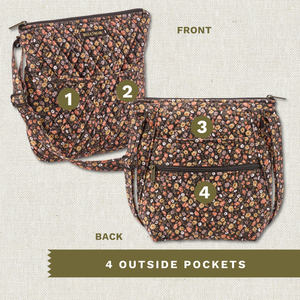 Front and back exterior views with numbered callouts identifying all 4 outside pockets.