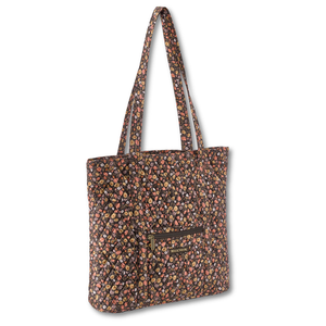 Large Tote front view featuring quilted floral fabric in espresso brown, golden tan, soft ivory, and dusty mauve, with top zip closure, and 6 total pockets.