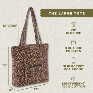 Callout image showing dimensions 13" x 13" x 5", 13" strap drop, 3 exterior pockets, lightweight 100% cotton construction.