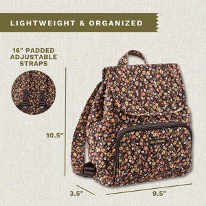 Callout image showing dimensions 10.5" x 9.5" x 3.5", adjustable straps, exterior zip pocket, and lightweight 100% cotton construction.