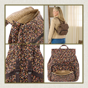 Four-image collage showing a woman wearing a mini backpack, top snap closure, padded adjustable straps, and an open front zip pocket.