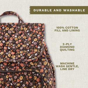 Callouts highlighting 100% cotton fill and lining, two-ply diamond quilting, and machine-washable design.
