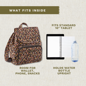 Callouts highlighting mini-backpack storage capacity for a wallet, phone, snacks, water bottle, and 10-inch tablet.