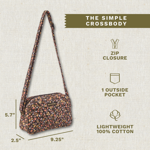 Callout image showing dimensions 9.25" x 5.7" x 2.5", adjustable strap, 1 exterior pocket and lightweight 100% cotton construction.