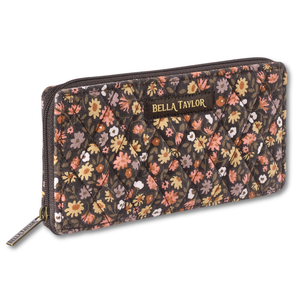 Slim Card Wallet front view featuring quilted floral fabric in espresso brown, golden tan, soft ivory, and dusty mauve.