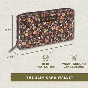 Callout image showing dimensions 7" x 3.5" x 0.75", RFID protection and secure wrap-around zipper.