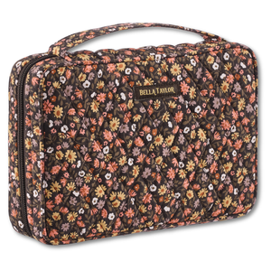 Small Bible Cover front view featuring quilted floral fabric in espresso brown, golden tan, soft ivory, and dusty mauve.