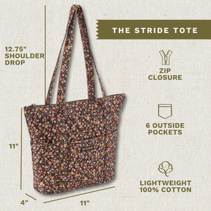 Callout image showing dimensions 11" x 11" x 4", 12.75" strap drop, 6 exterior pockets, lightweight 100% cotton construction.